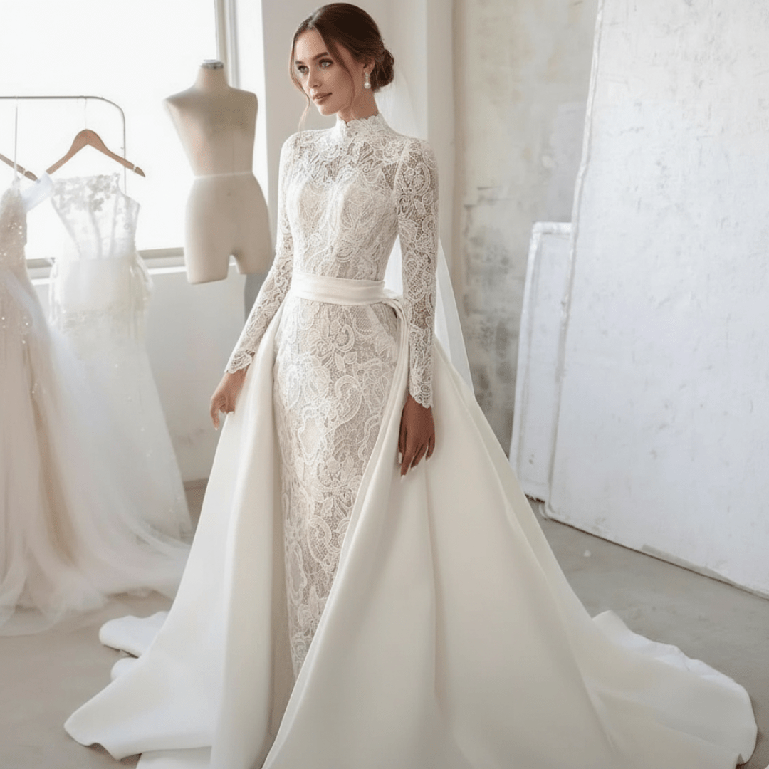 2-in-1 Mermaid Lace Wedding Dress with High Neck & Overskirt | Silque