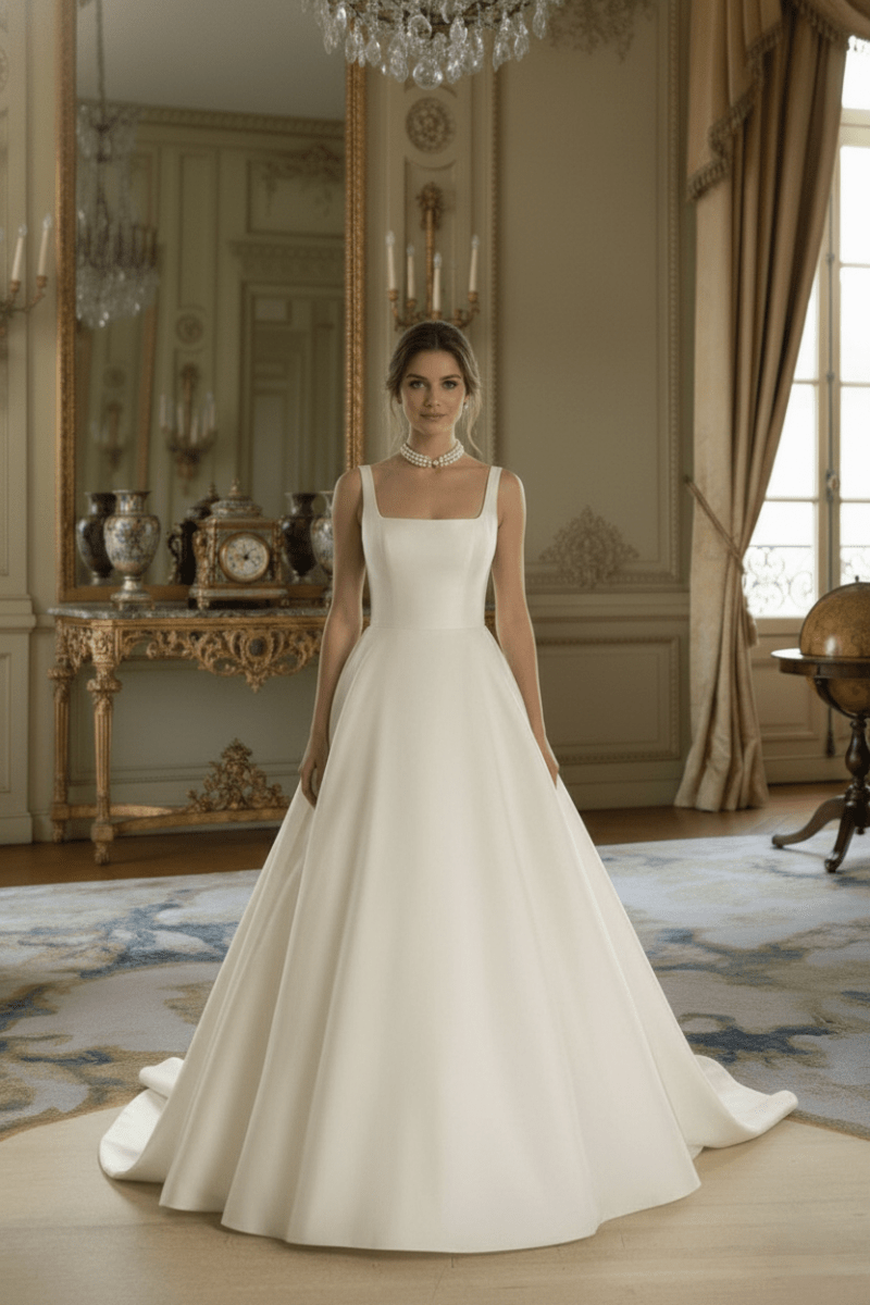 Classic Satin A-Line Wedding Dress Square Neck Elegant Bridal Gown – SilqueBridal