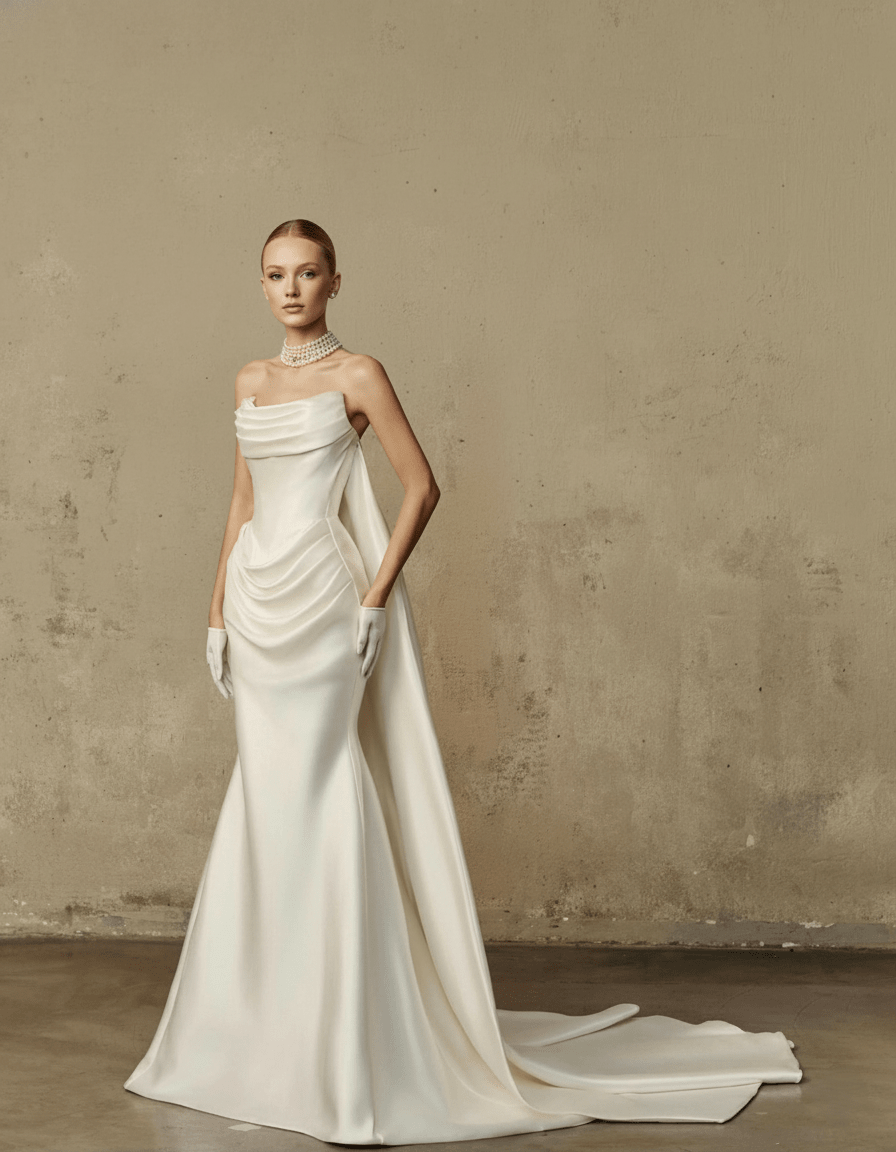 Draped Satin Fit-and-Flare Wedding Dress – Couture Elegant Bridal Gown