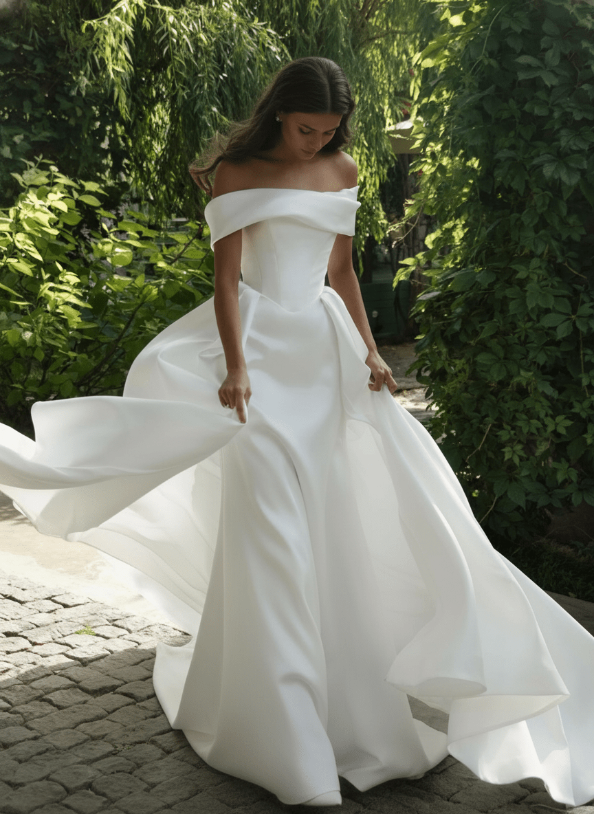 Minimalist Off-Shoulder Satin Wedding Dress Elegant A-Line Silhouette - 12 Minimalist Off-Shoulder Satin Wedding Dress Elegant A-Line Silhouette - 12