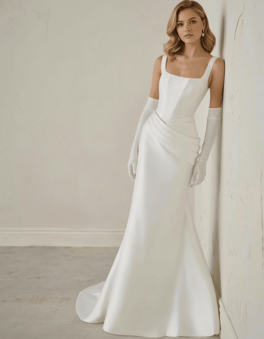 Minimalist Square-Neck Wedding Dress – Sculpted Crepe Satin, Draped Hi – SilqueBridal