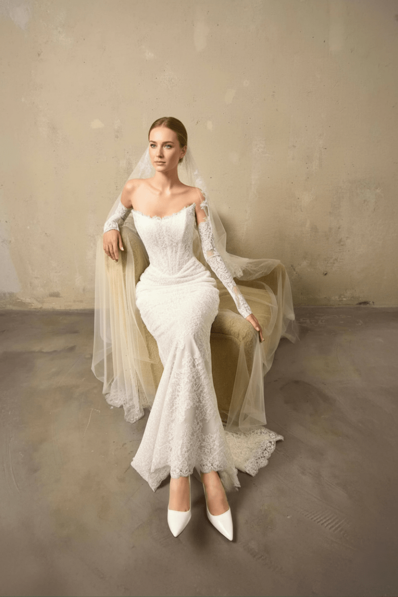 Off-Shoulder Lace Mermaid Wedding Dress Floral Chantilly Lace, Illusion Sleeves & Elegant Fit Silhouette - Custom Size Off-Shoulder Lace Mermaid Wedding Dress Floral Chantilly Lace, Illusion Sleeves & Elegant Fit Silhouette - Custom Size