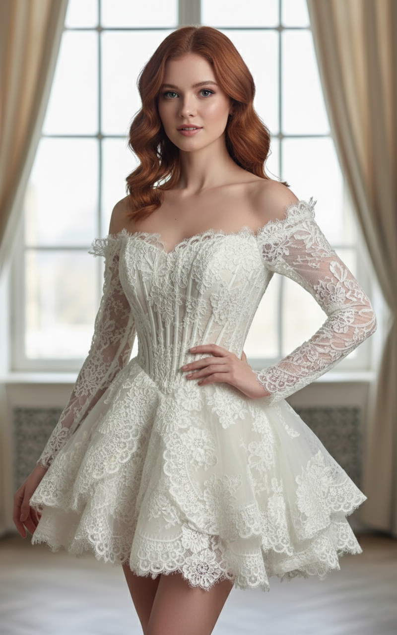 Flirty Lace Off-Shoulder Mini Wedding Dress | Silque