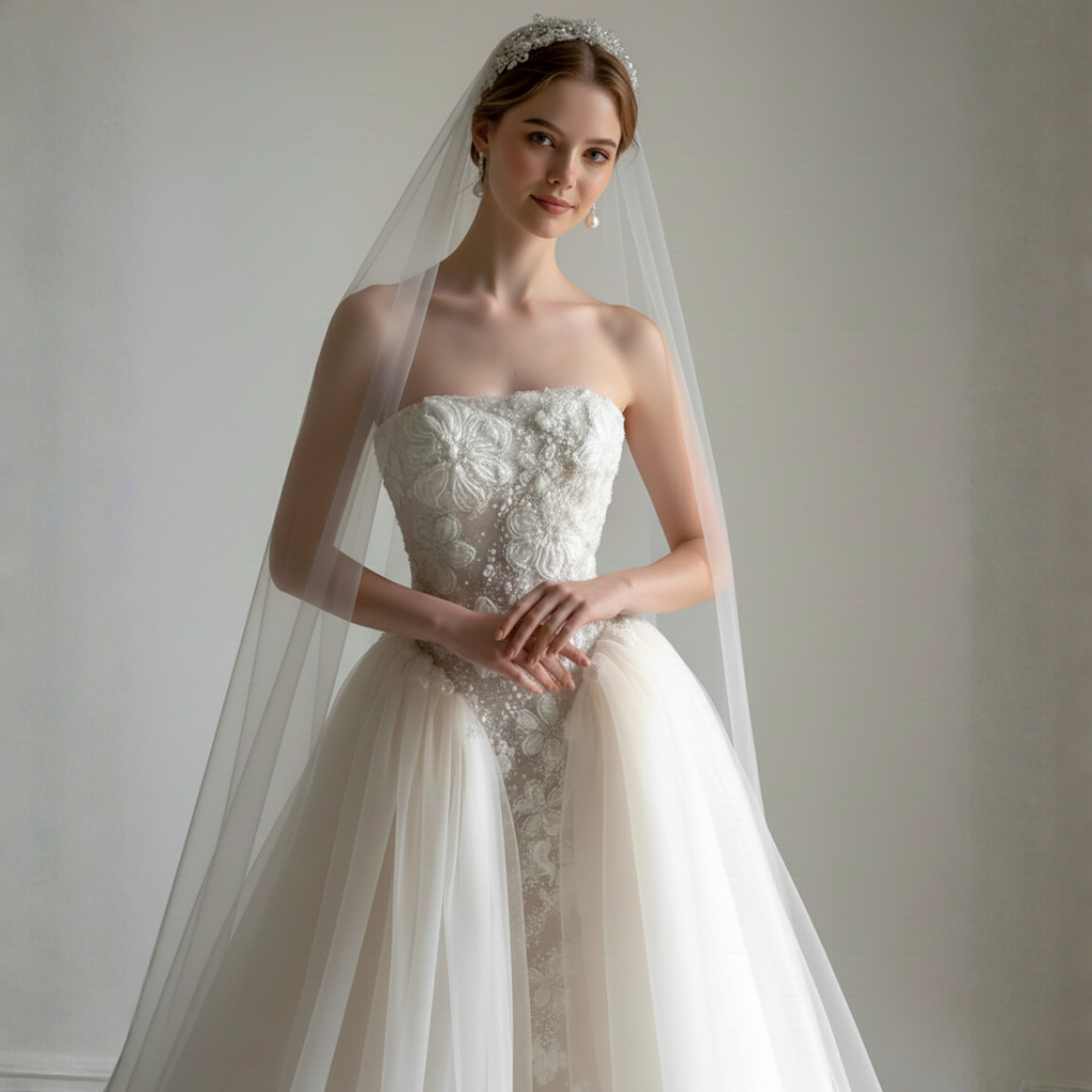 Strapless Lace Ball Gown with Layered Tulle Overskirt – Timeless Couture Elegance | Silque Brida