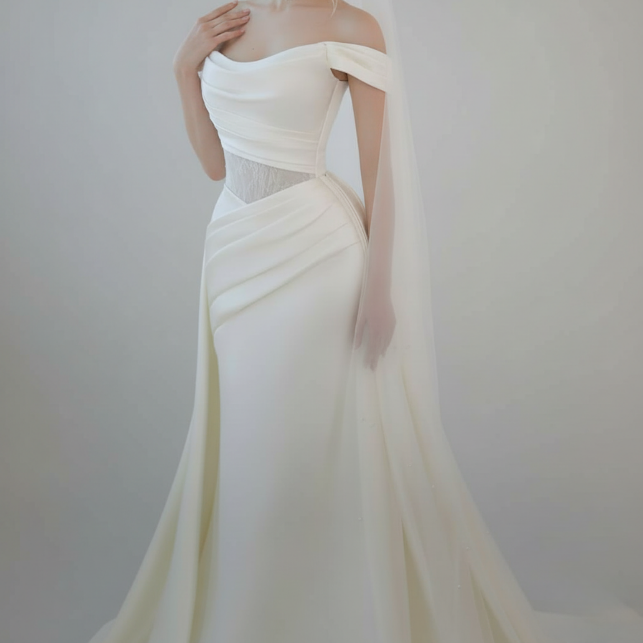 Off-Shoulder Draped Fit and Flare Wedding Dress with Detachable Train | Silque Bridal