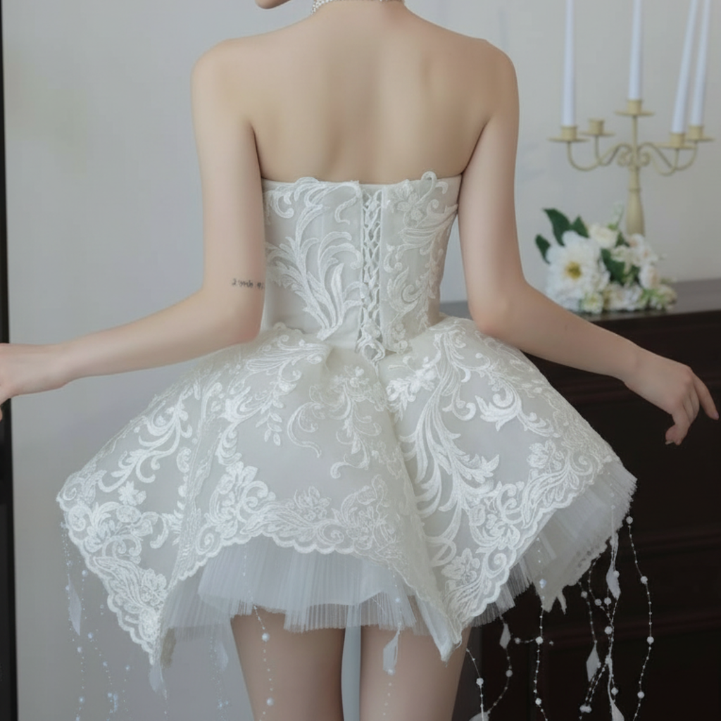 Feather and Lace Mini Wedding Dress – Couture Short Bridal Gown with Flared Skirt | Silque Mini Bridal Collection