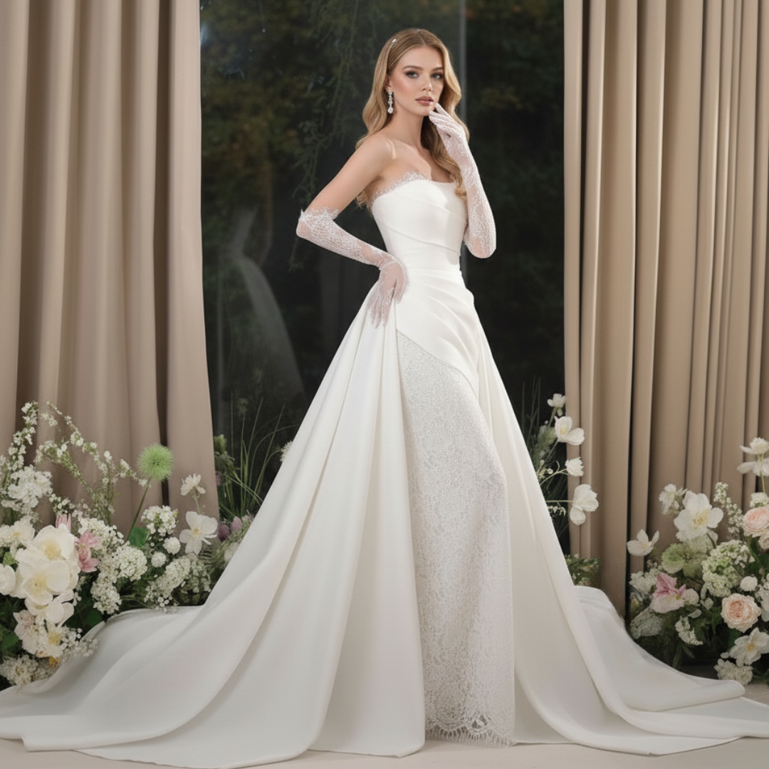 2-in-1 Satin and Lace Fit and Flare Wedding Dress with Detachable Overskirt – Modern Romantic Gown | Silque Bridal Couture