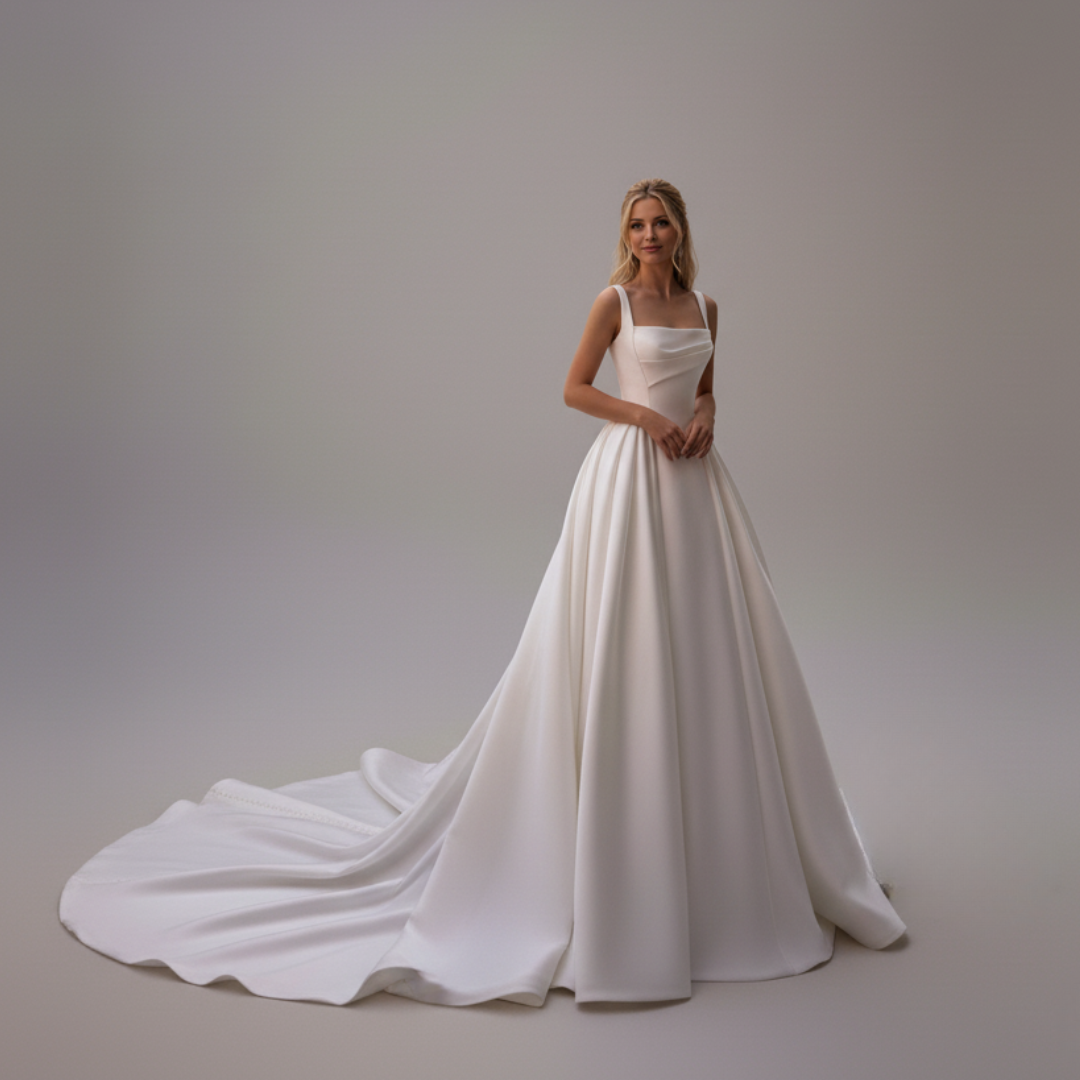 Minimalist Satin Ball Gown Wedding Dress with Square Neckline & Chapel Train | Silque Bridal