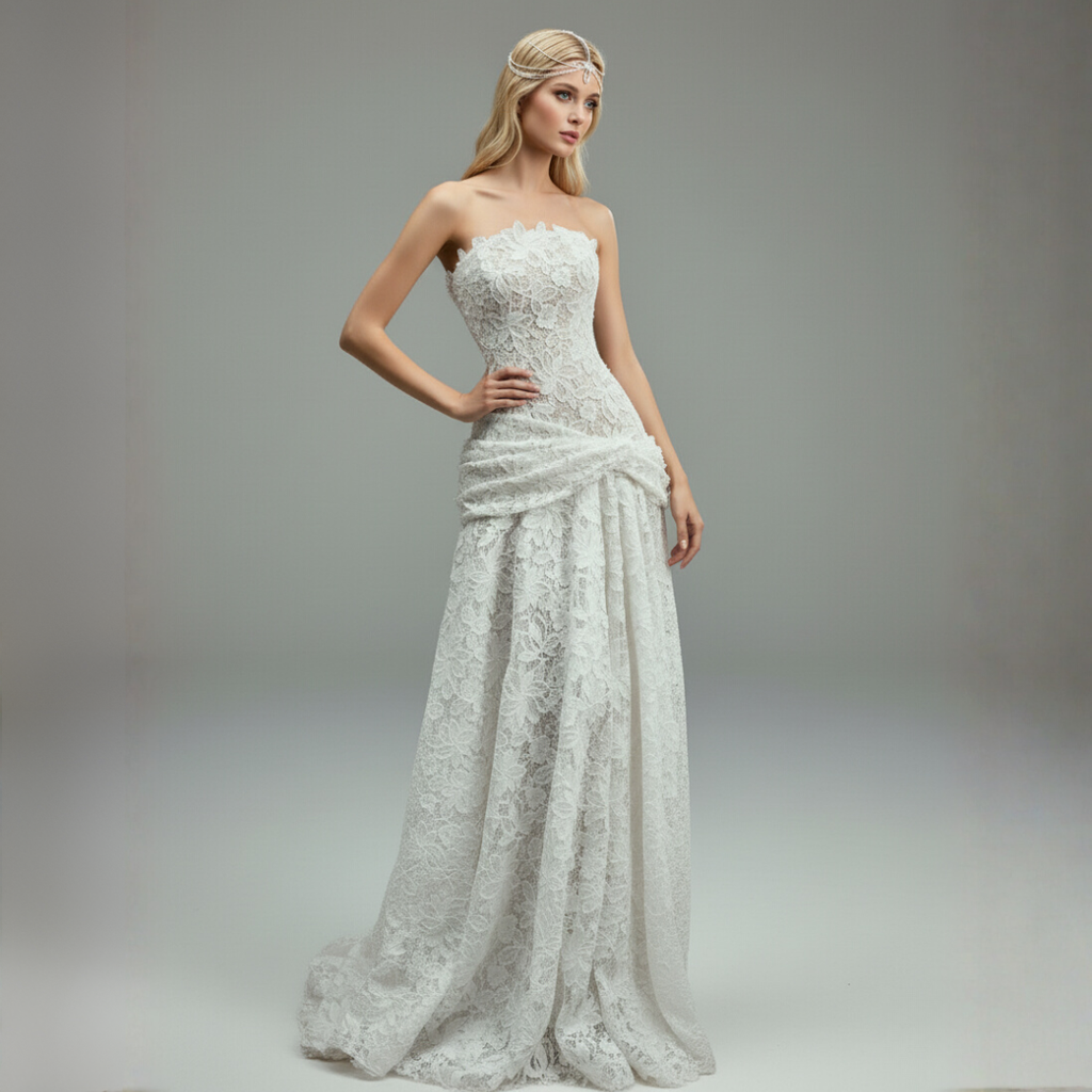 Strapless Lace Fit and Flare Wedding Dress – Modern Romantic Bridal Gown | Silque Bridal