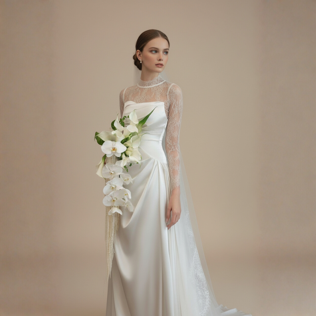 Lace Long Sleeve Satin Wedding Dress with Detachable Overskirt – 2-in-1 A-line Bridal Gown