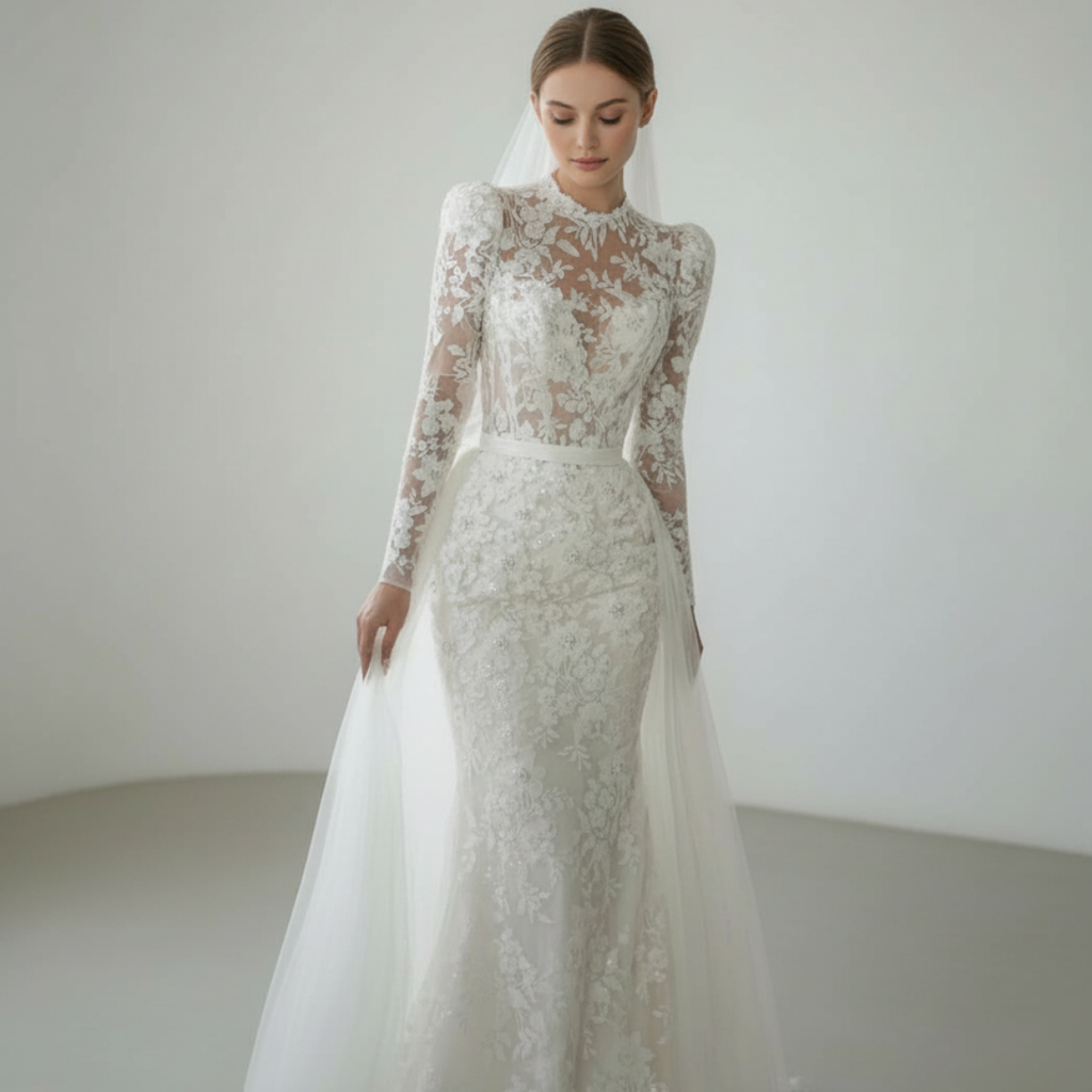 Long Sleeve Lace Mermaid Wedding Dress with Overskirt – Elegant High Neck Bridal Gown | Silque Bridal