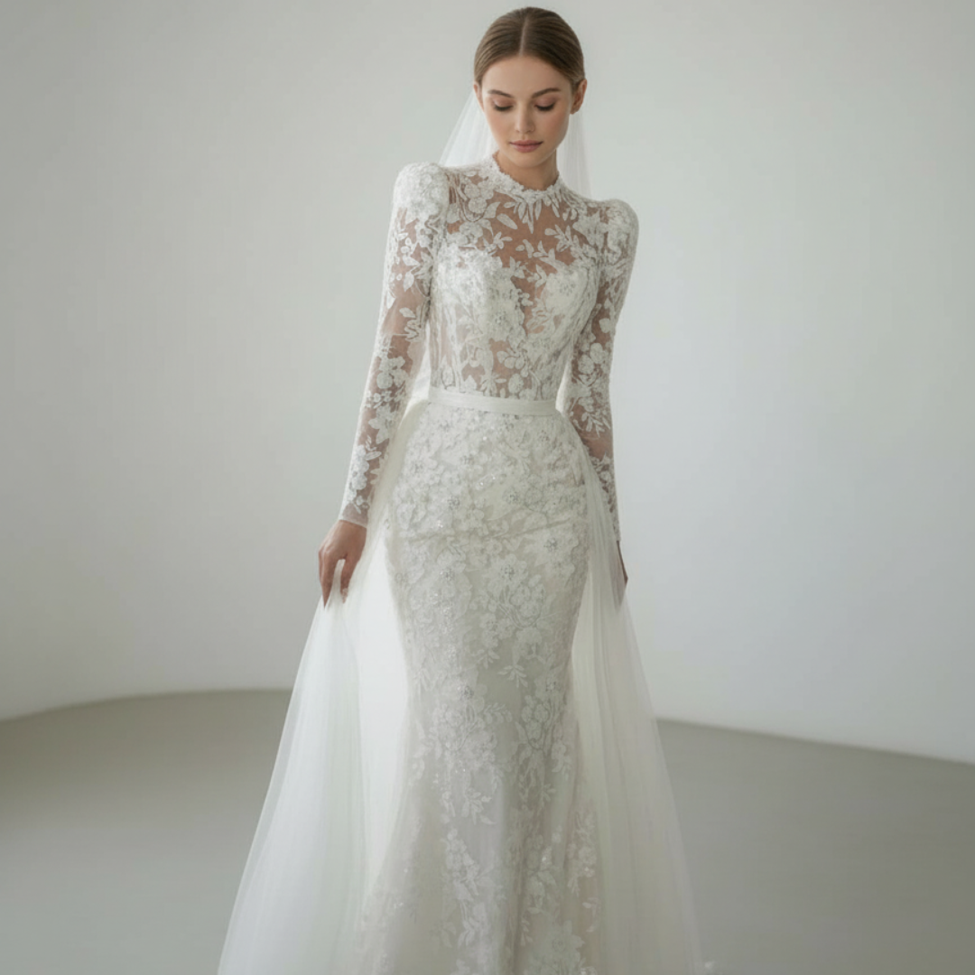 Long Sleeve Lace Mermaid Wedding Dress with Overskirt – Elegant High Neck Bridal Gown | Silque Bridal