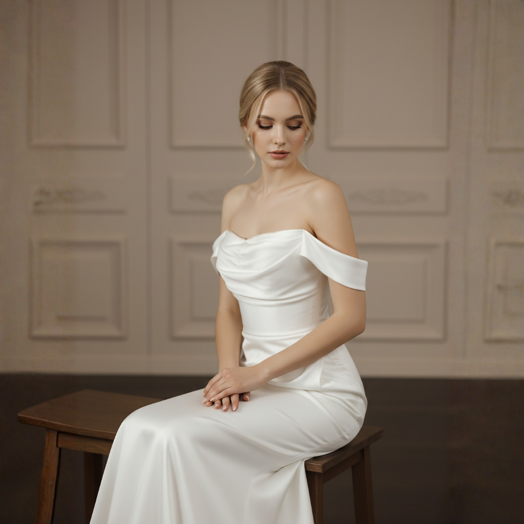 Off Shoulder Satin Wedding Dress – Simple Minimalist Fit and Flare Bridal Gown | Silque Bridal