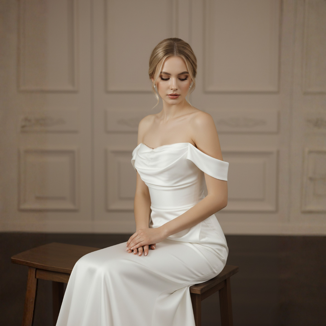 Off Shoulder Satin Wedding Dress – Simple Minimalist Fit and Flare Bridal Gown | Silque Bridal
