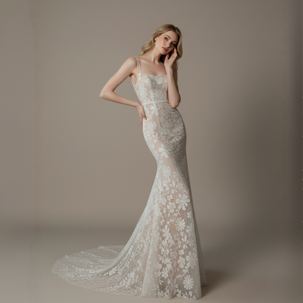 Floral Lace Corset Mermaid Wedding Dress – Sheer Nude Lined Bridal Gown