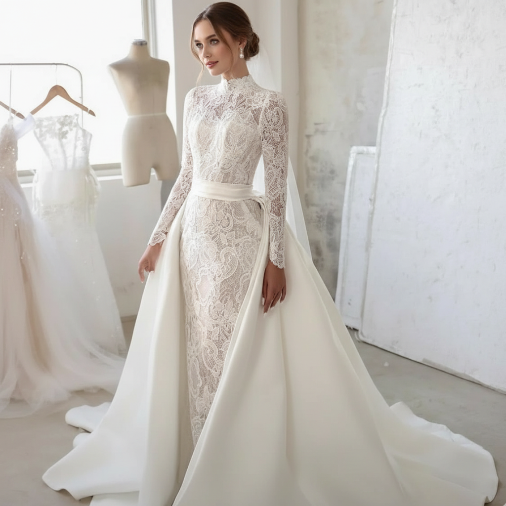 2-in-1 Mermaid Lace Wedding Dress with High Neck & Overskirt | Silque