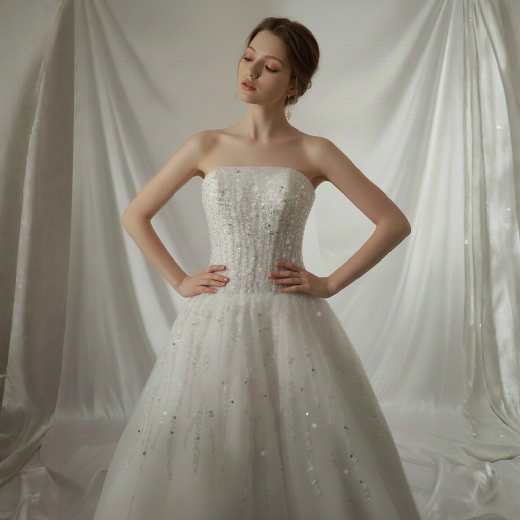 Strapless Sparkle A-Line Wedding Dress – Elegant Beaded Tulle Bridal Gown | Silque Bridal