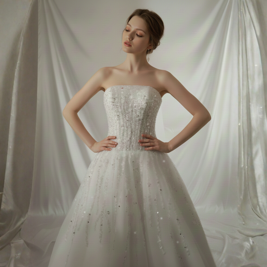 Strapless Sparkle A-Line Wedding Dress – Elegant Beaded Tulle Bridal Gown | Silque Bridal