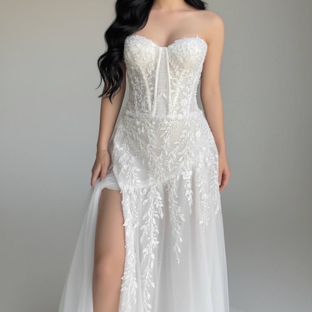 A-Line Corset Wedding Dress with Slit – 3D Lace Bridal Gown | Silque Bridal