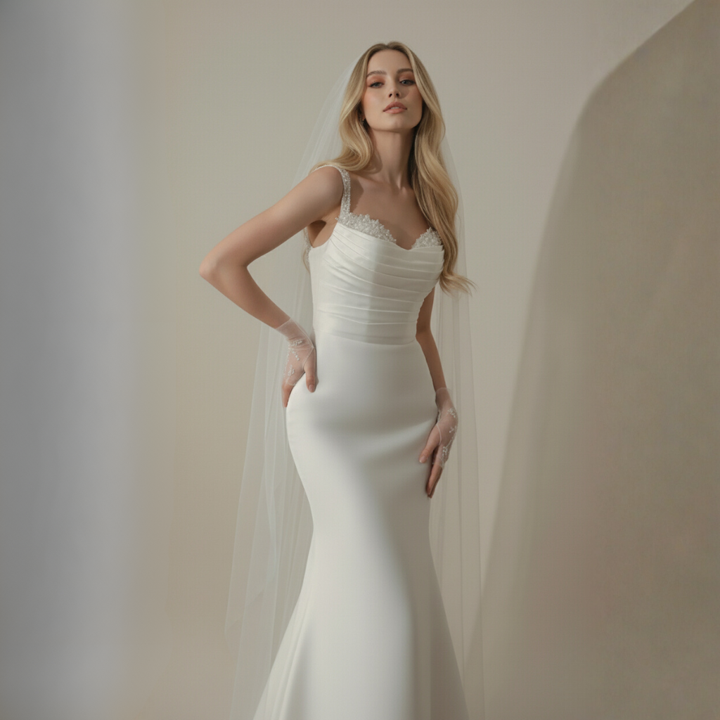 2-in-1 Satin Fit and Flare Wedding Dress with Detachable Overskirt – Modern Minimalist Bridal Gown | Silque Luxury Collection