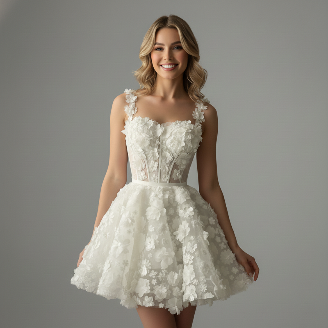 3D Floral Mini Corset Wedding Dress – Short Lace Bridal After-Party Gown | Silque Mini Bridal Couture Collection
