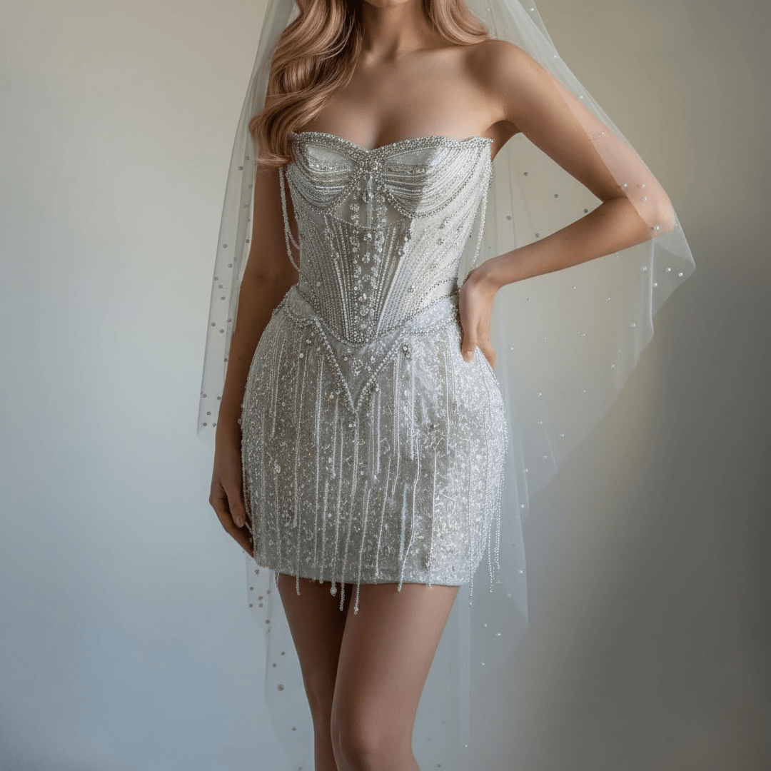 2 - in - 1 Beaded Corset Mini Wedding Dress with Detachable Train - Wedding Dress - SilqueBridal