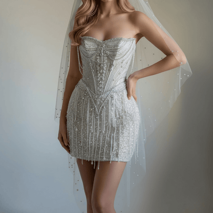 2 - in - 1 Beaded Corset Mini Wedding Dress with Detachable Train - Wedding Dress - SilqueBridal