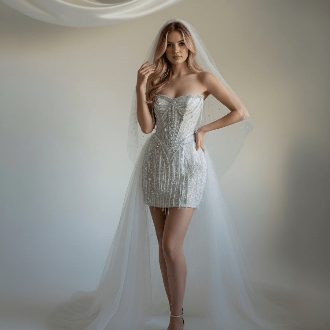2 - in - 1 Beaded Corset Mini Wedding Dress with Detachable Train - Wedding Dress - SilqueBridal