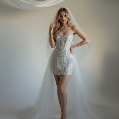 2 - in - 1 Beaded Corset Mini Wedding Dress with Detachable Train - Wedding Dress - SilqueBridal