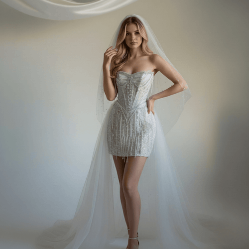 2 - in - 1 Beaded Corset Mini Wedding Dress with Detachable Train - Wedding Dress - SilqueBridal