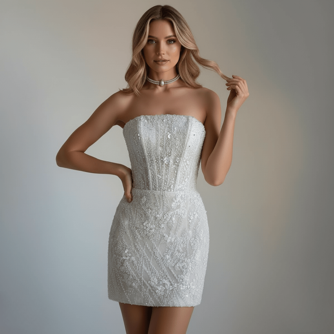 2 - in - 1 beaded mini corset gown with a detachable satin overskirt — elegant, modern, and couture - crafted for the confident Silque bride. - Wedding Dress - SilqueBridal