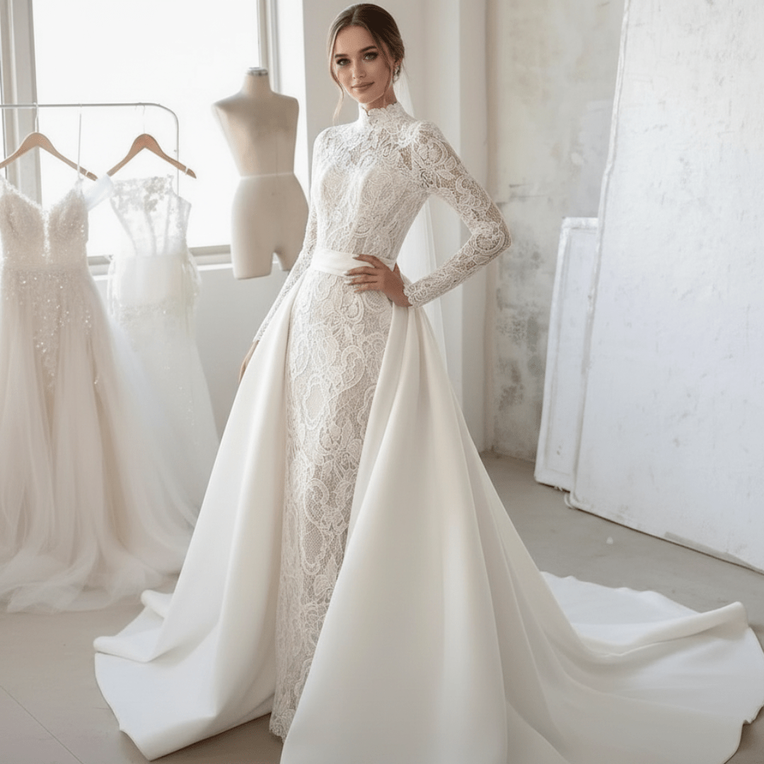 2 - in - 1 Mermaid Lace Wedding Dress with High Neck & Overskirt | Silque - Wedding Dress - SilqueBridal