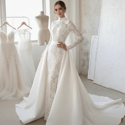 2 - in - 1 Mermaid Lace Wedding Dress with High Neck & Overskirt | Silque - Wedding Dress - SilqueBridal
