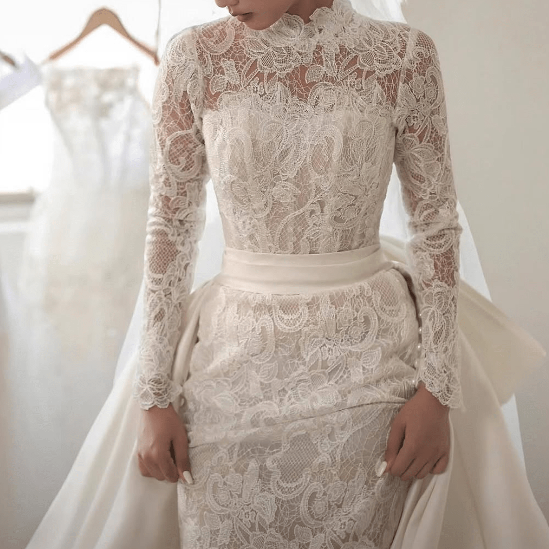 2 - in - 1 Mermaid Lace Wedding Dress with High Neck & Overskirt | Silque - Wedding Dress - SilqueBridal