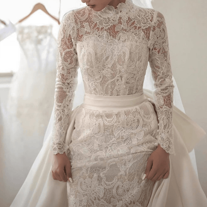 2 - in - 1 Mermaid Lace Wedding Dress with High Neck & Overskirt | Silque - Wedding Dress - SilqueBridal