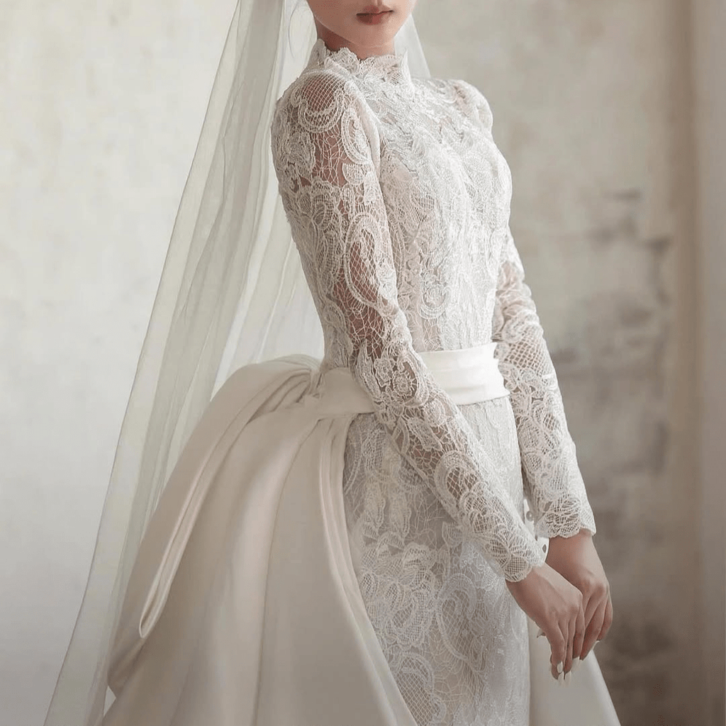 2-in-1 Mermaid Lace Wedding Dress with High Neck & Overskirt | Silque - 10 2-in-1 Mermaid Lace Wedding Dress with High Neck & Overskirt | Silque - 10
