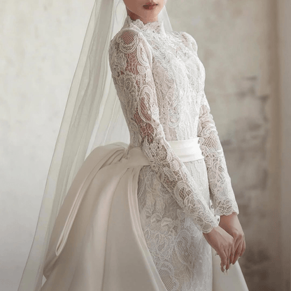 2 - in - 1 Mermaid Lace Wedding Dress with High Neck & Overskirt | Silque - Wedding Dress - SilqueBridal