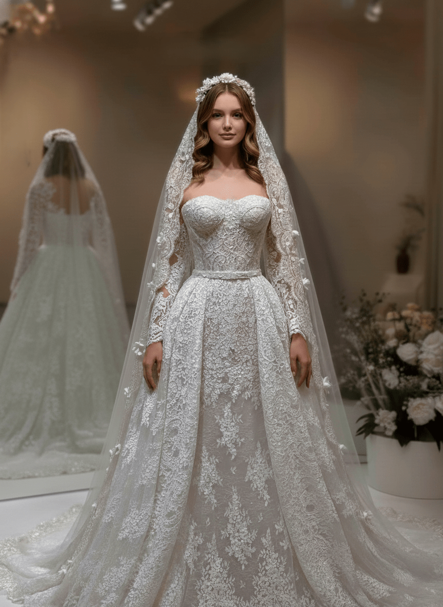 2 - in - 1 Off - Shoulder Lace Ball Gown with Sheer Corset & Overskirt - Wedding Dress - SilqueBridal
