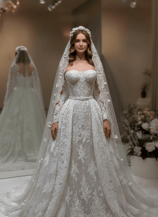 2 - in - 1 Off - Shoulder Lace Ball Gown with Sheer Corset & Overskirt - Wedding Dress - SilqueBridal