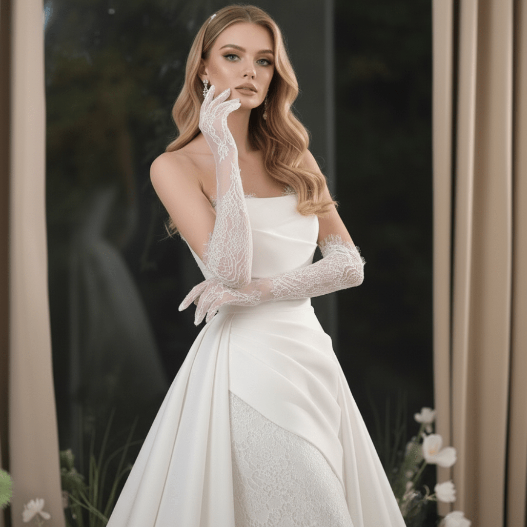 2 - in - 1 Satin and Lace Fit and Flare Wedding Dress with Detachable Overskirt – Modern Romantic Gown | Silque Bridal Couture - Wedding Dress - SilqueBridal