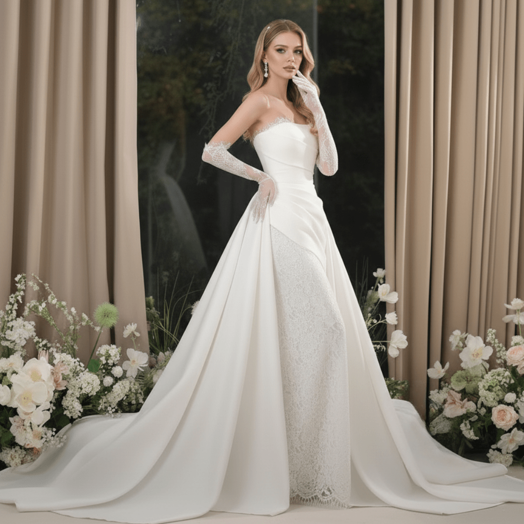 2 - in - 1 Satin and Lace Fit and Flare Wedding Dress with Detachable Overskirt – Modern Romantic Gown | Silque Bridal Couture - Wedding Dress - SilqueBridal