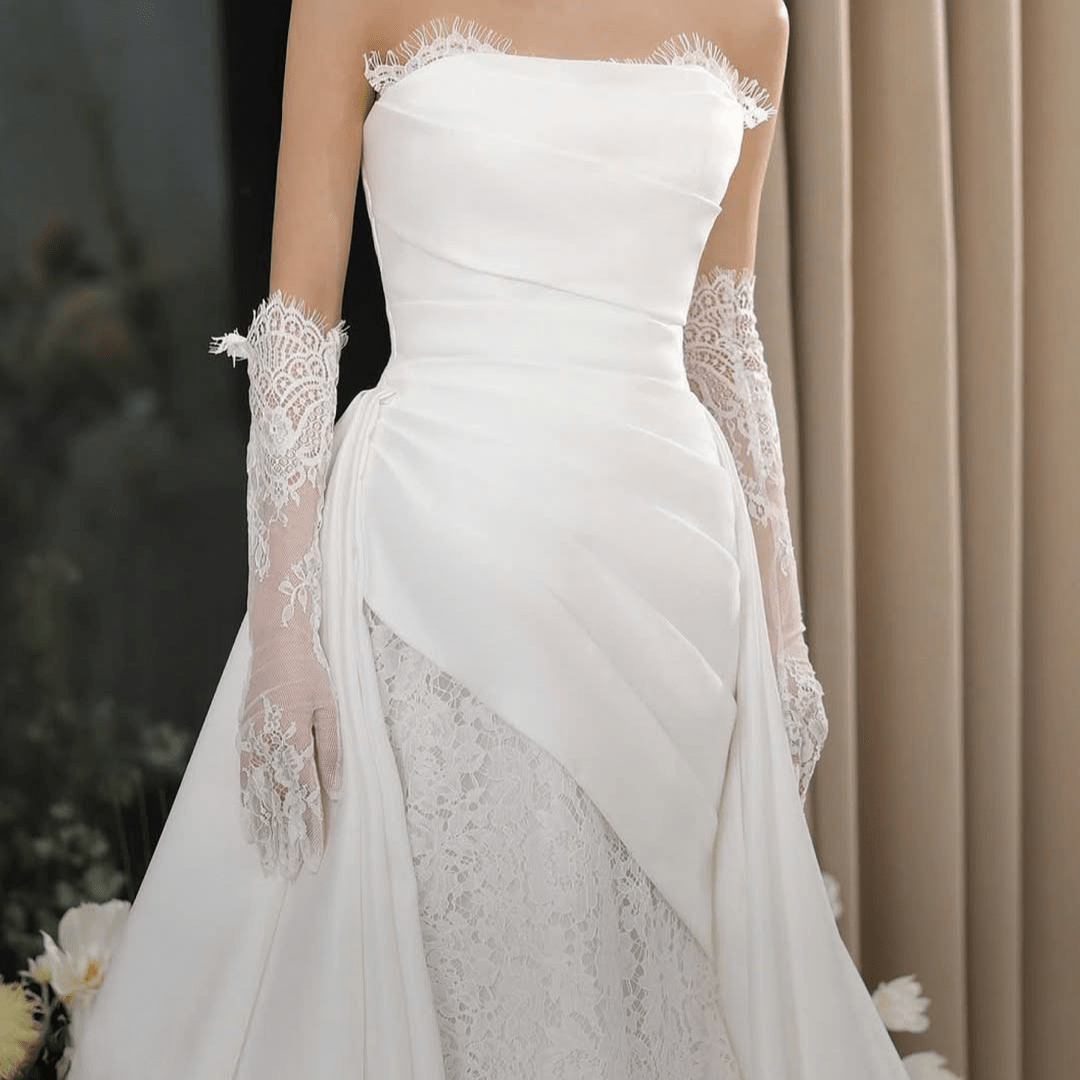 2 - in - 1 Satin and Lace Fit and Flare Wedding Dress with Detachable Overskirt – Modern Romantic Gown | Silque Bridal Couture - Wedding Dress - SilqueBridal