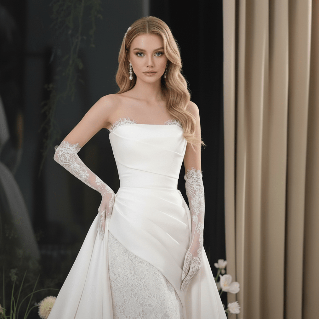 2 - in - 1 Satin and Lace Fit and Flare Wedding Dress with Detachable Overskirt – Modern Romantic Gown | Silque Bridal Couture - Wedding Dress - SilqueBridal