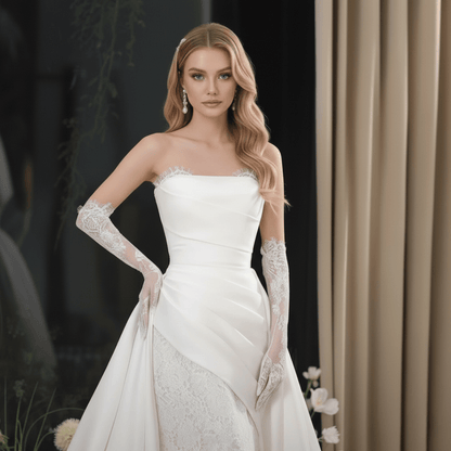 2 - in - 1 Satin and Lace Fit and Flare Wedding Dress with Detachable Overskirt – Modern Romantic Gown | Silque Bridal Couture - Wedding Dress - SilqueBridal