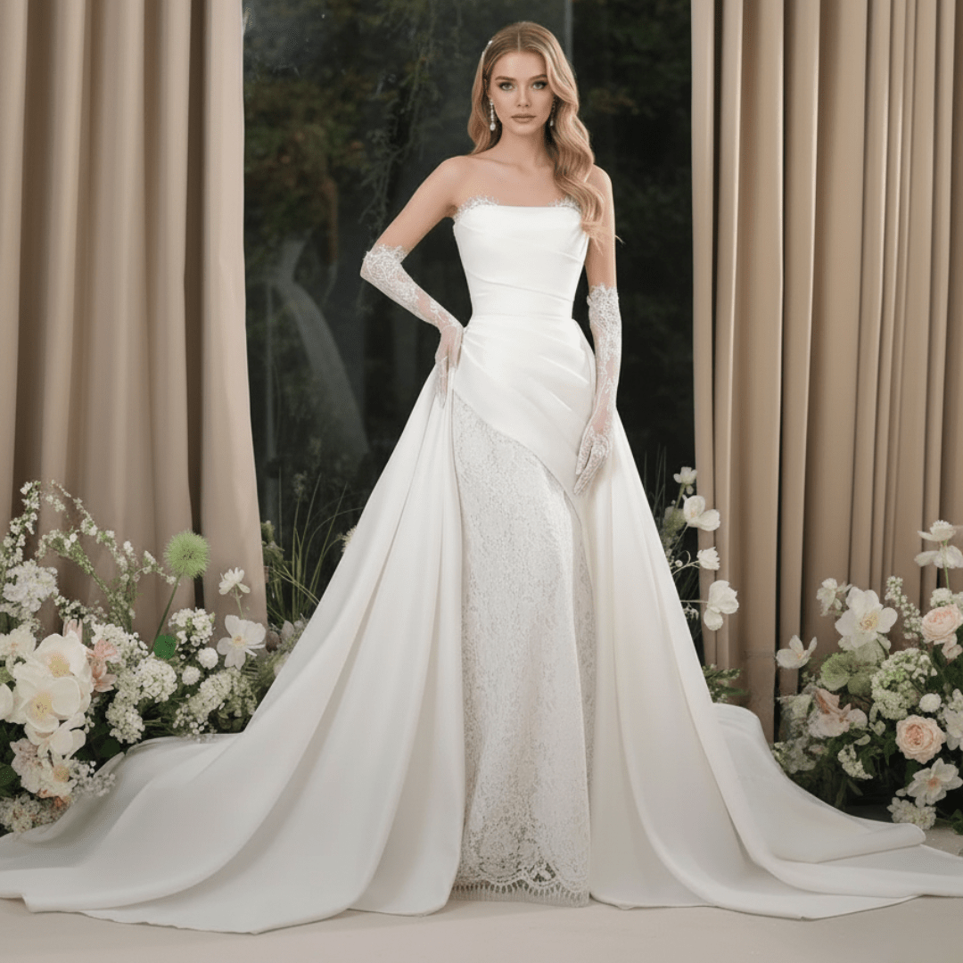 2 - in - 1 Satin and Lace Fit and Flare Wedding Dress with Detachable Overskirt – Modern Romantic Gown | Silque Bridal Couture - Wedding Dress - SilqueBridal
