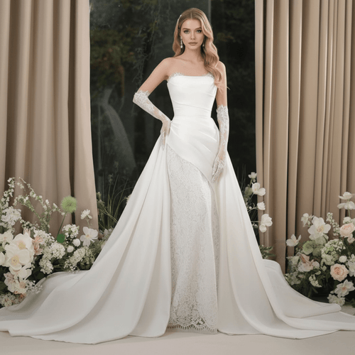 2 - in - 1 Satin and Lace Fit and Flare Wedding Dress with Detachable Overskirt – Modern Romantic Gown | Silque Bridal Couture - Wedding Dress - SilqueBridal