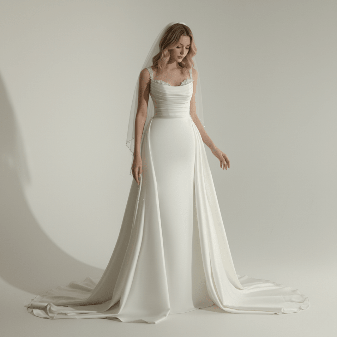 2 - in - 1 Satin Fit and Flare Wedding Dress with Detachable Overskirt – Modern Minimalist Bridal Gown | Silque Luxury Collection - Wedding Dress - SilqueBridal