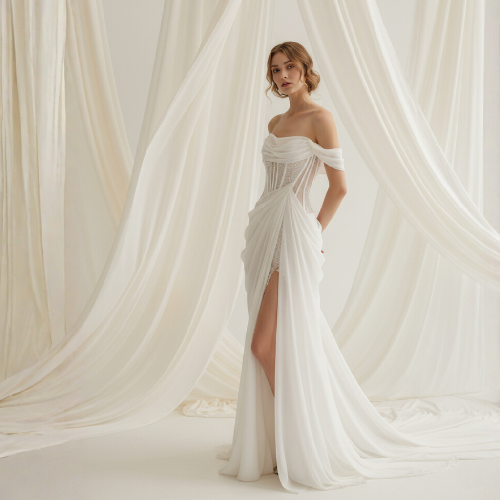 Off-Shoulder Draped Corset Wedding Dress – Modern Romantic Grace | Silque Bridal