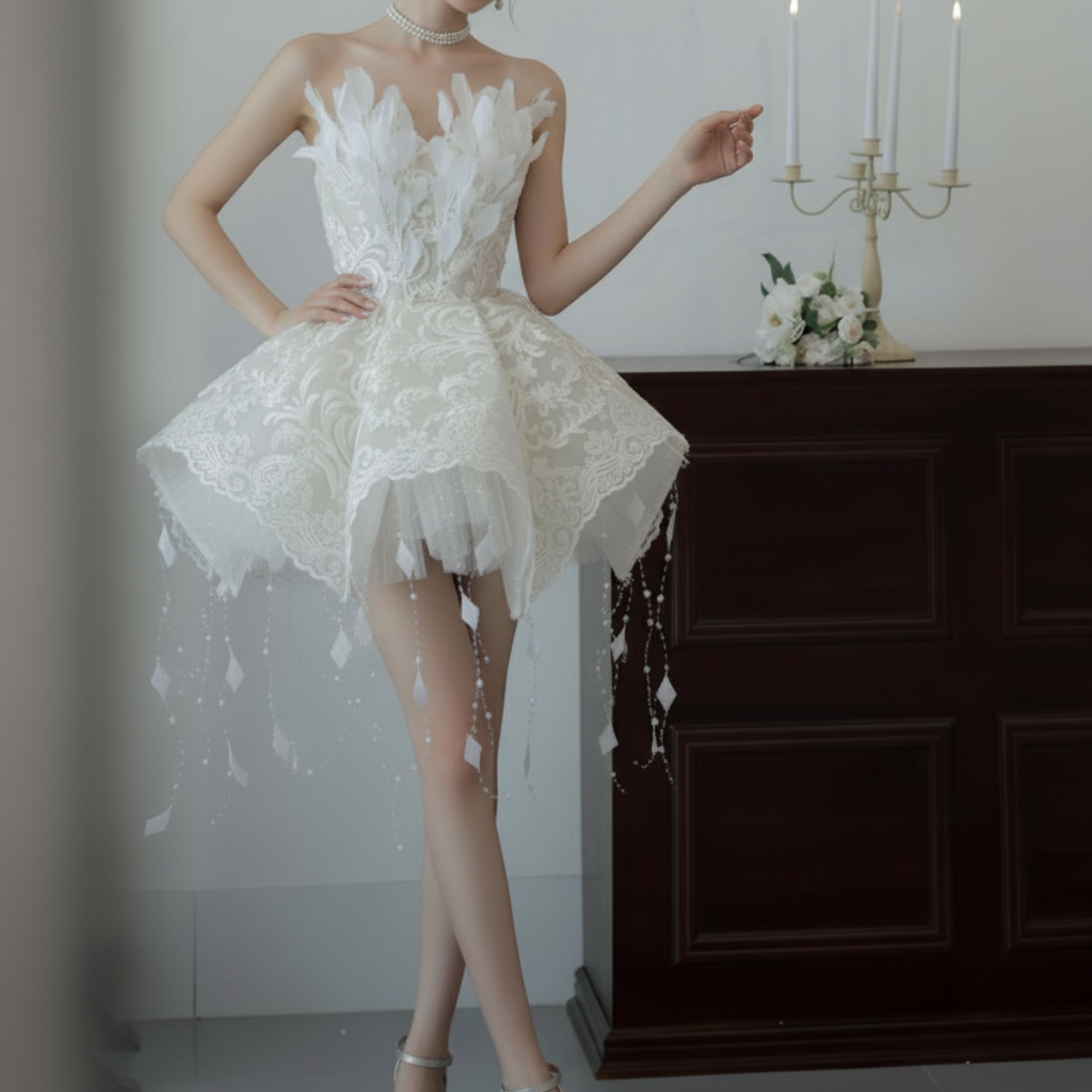 Feather and Lace Mini Wedding Dress – Couture Short Bridal Gown with Flared Skirt | Silque Mini Bridal Collection