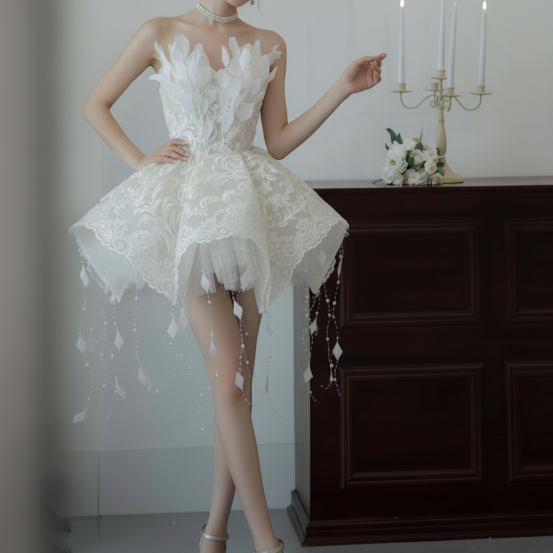 Feather and Lace Mini Wedding Dress – Couture Short Bridal Gown with Flared Skirt | Silque Mini Bridal Collection